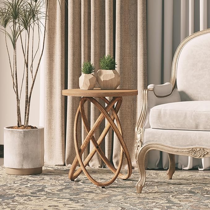 COZAYH Round End Table Farmhouse Wood Side Table Rustic Plant Stand with Intertwined Line Design for Living Room, Office, Walnut
