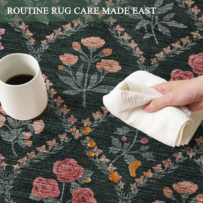 Green 5x7 Floral Rug Washable Area Rug, Non Slip Vintage Boho Rug for Bedroom, Stain Resistant Low Pile Floor Carpets for Living Room Dining Room Home Office,Dark Green