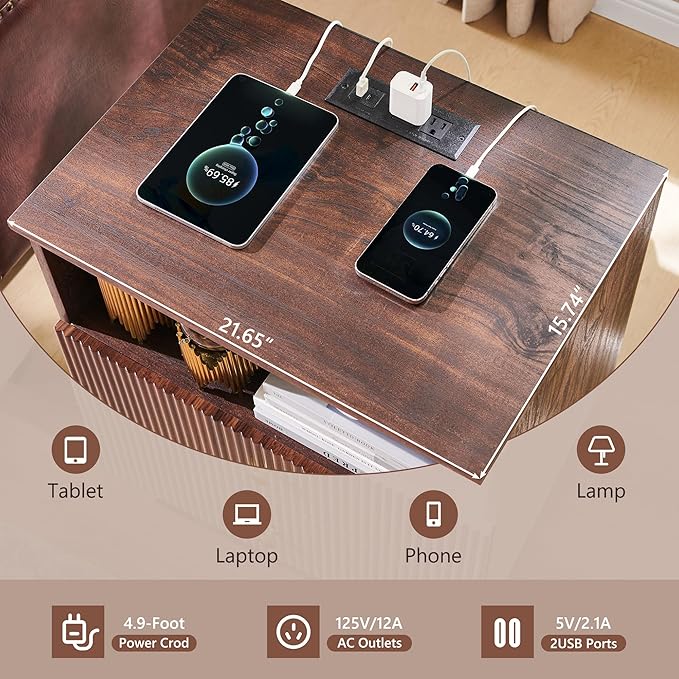 Fluted Night Stand with Charging Station, 21.65" Nightstand with 2 Drawer, 2 Drawer Dresser for Bedroom, Morden End Table Chests of Drawers Bedside Table for Bedroom, Living Room,Brown