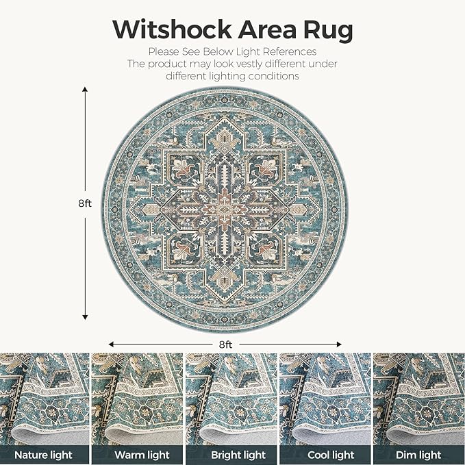 WITSHOCK Round Living Room Rugs 8Ft: Washable Vintage Boho Soft Low Pile Non-Slip Stain Resistant Foldable Carpet for Bedroom Playroom Dining Room Office, Distressed Farmhouse Home Decor Rug-Dull Teal