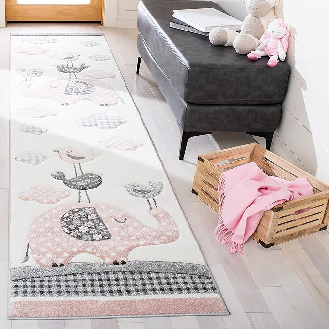 SAFAVIEH Carousel Kids Collection Runner Rug - 2' x 8', Pink & Ivory, Animal Design, Non-Shedding & Easy Care, Ideal for High Traffic Areas for Boys & Girls in Playroom, Nursery, Bedroom (CRK127P)