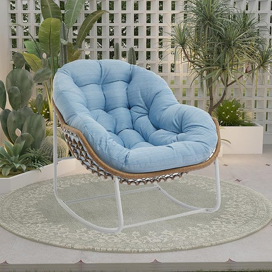 Oversized Outdoor Papasan Rocking Chair with Soft Cushion, Comfy Patio Egg Chair, Wicker Lounge Rocker for Balcony/Porch/Garden, Reinforced All Weather Rattan Frame, 330 lbs Support, Sky Blue