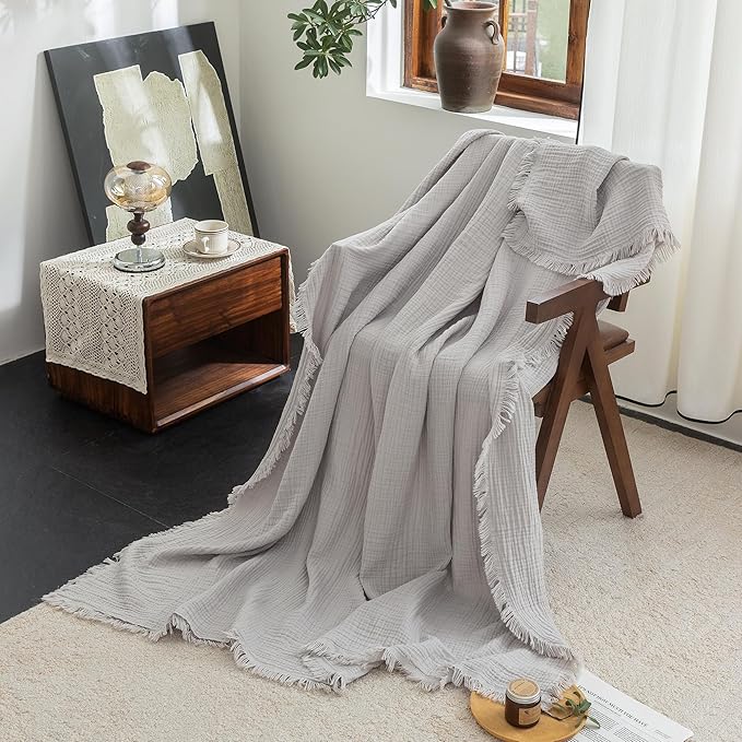 FOSSA Muslin Blanket with Fringe - 4-Layer 100% Cotton Gauze Super Soft & Breathable Throw -Lightweight Decorative Cooling Blanket for Bed, Sofa, Office -Twin XL Size 90" x 66" (Grayish)