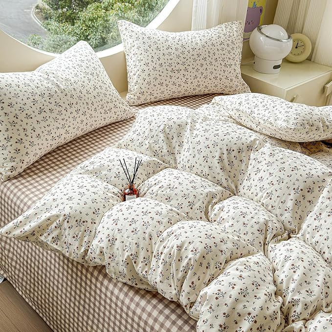 LifeTB 100% Cotton Muslin Duvet Cover Full Size Vintage Botanical Floral Duvet Cover Ultra Soft Flower Comforter Cover Lightweight Soft Breathable Gauze Bedding Comforter Cover with 2 Pillowcases