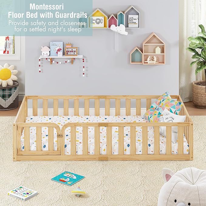 Spirich Twin Size Kids Floor Bed Frame with Fence and Door, Solid Wood Montessori Floor Bed for Kids with Safety Guardrails, Twin Bed Frame for Boys and Girls, Natural