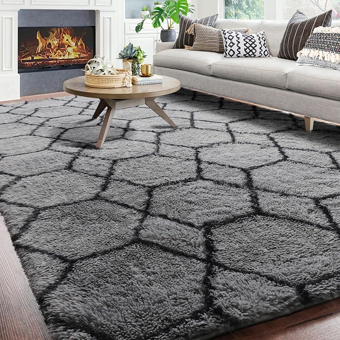 ONASAR 8x10 Area Rugs for Living Room, Fluffy Grey and Black Bedroom Rug, Washable Geometric Boho Large Soft Plush Shaggy Fuzzy Floor Carpet for Nursery Kids Classroom Playroom Dorm Home Decor