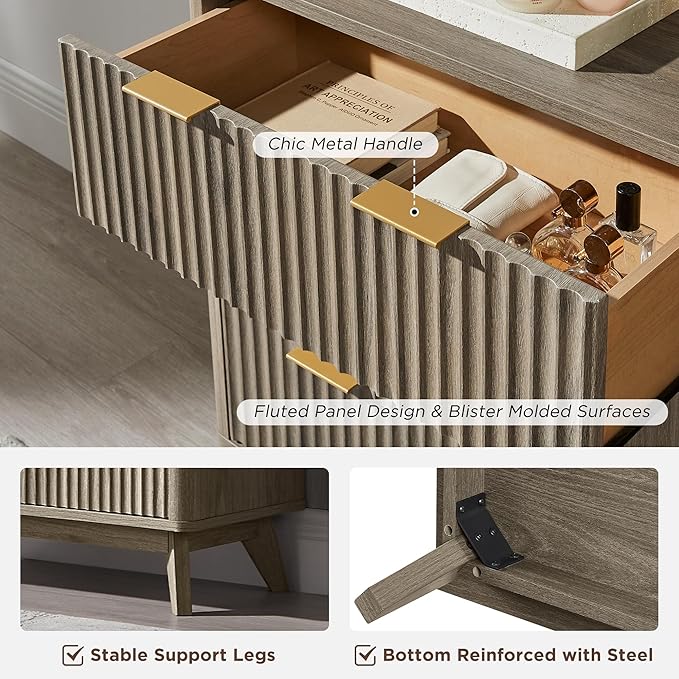 T4TREAM Fluted 6 Drawers Dresser, 54" Wide Modern Chest of Drawers, Curved Profile Design, Dresser TV Stand, Wood Drawer Organizer for Bedroom, Living Room, Hallway, Grey Alder
