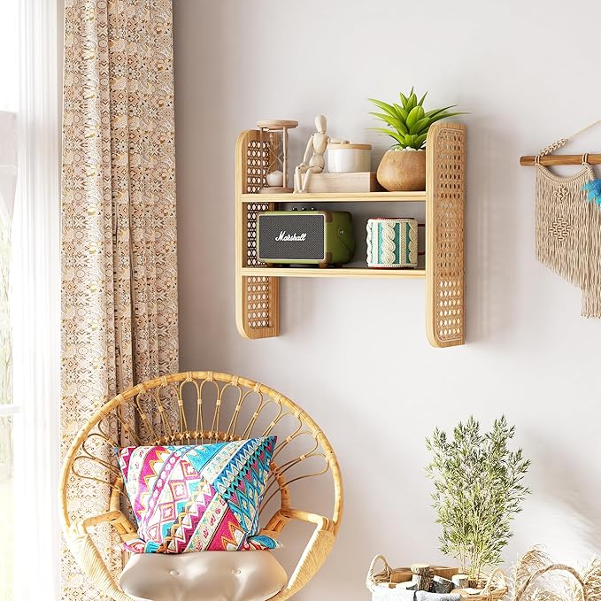 2-Tier Rattan Shelf, Natural Rattan Bookshelf Wall Mounted, Handmade Woven Display Shelf, Decorative Boho Shelves for Entryway, Nursery, Kitchen, Bathroom, Living Room