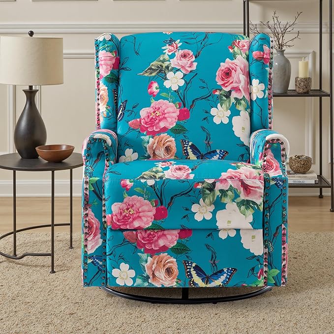 UIXE Floral Swivel Glider Recliner Chairs Set of 2, High Backrest Nursery Rocker Fabric Accent Chair for Living Room, Rivet Trim Upholstered Armchair Manual Reclining Sofa Seating - Peacock Blue