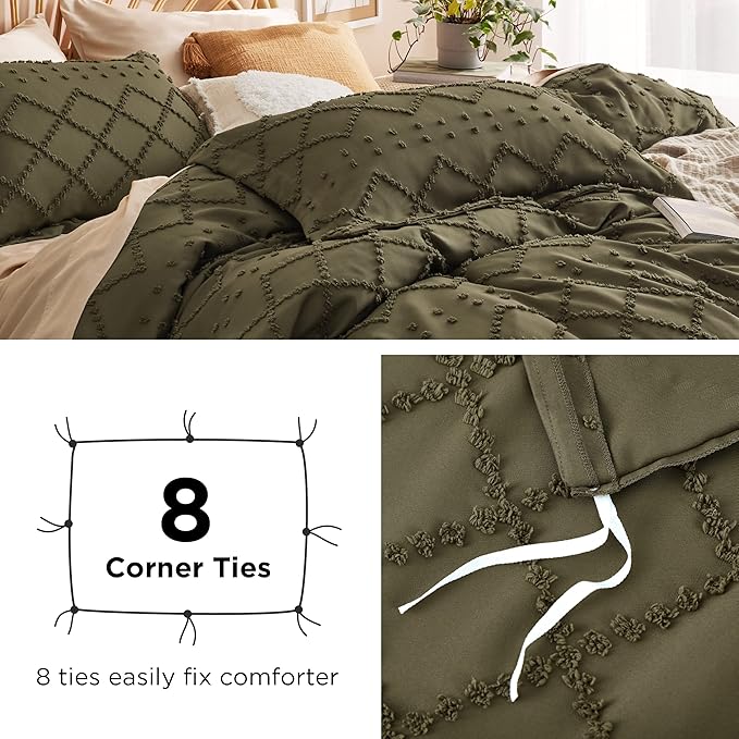 Bedsure Boho Duvet Cover King Size - Olive Green Breathable & Soft Boho Bedding, Machine Washable Comforter Cover for All Seasons, Includes 1 Duvet Cover 104"x90" with 2 Pillow Shams & Zipper Closure