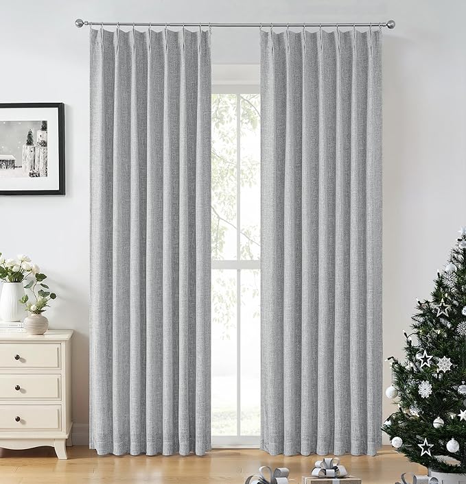 Gray Pinch Pleated Blackout Curtains Linen Texture Noise Reduction Window Treatment Panel 84 Inch with Full Blackout Liner for Bedroom Thermal Insulated Back Tab Drapes with Hooks, 2 Panel, 40"Wx84"L