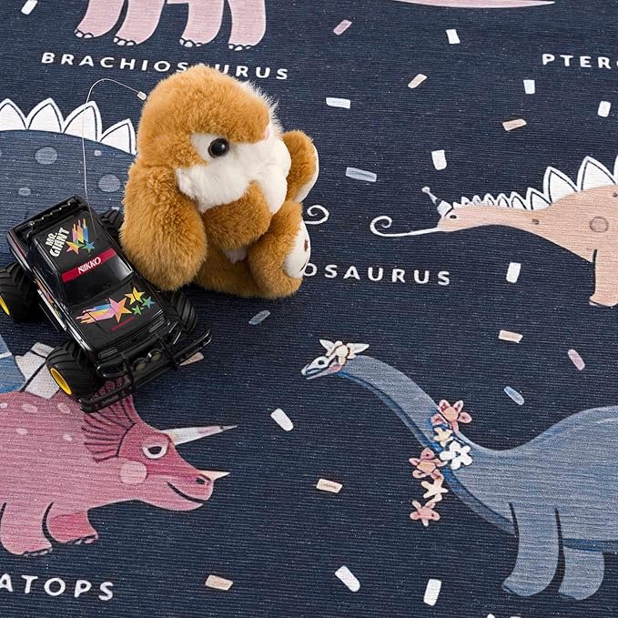 Hauteloom Milne Kids Room, Nursery Machine Washable Area Rug - Dinosaur - Navy, Blue Multi - 5'3" x 7'3"