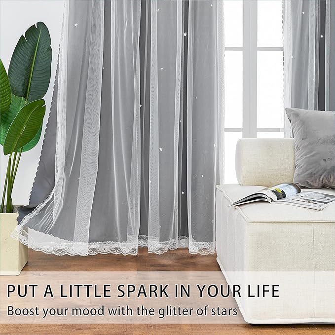 XiDi Girls Curtains for Bedroom with Star, Ideal for Kids Room with Unicorn Theme, Blackout Curtains for Living Room Princess Room Deco 96 inchs Long 52 inches Wide 2 Panel Grey