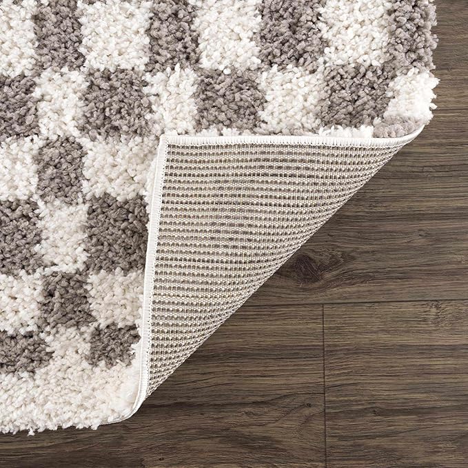 Hauteloom Kieu Contemporary Checkered Fluffy Shag Area Rug - Modern Geometric Soft Carpet Tiles for Living Room, Kids Room, Nursery - Gray, Light Grey, White - 6'7" x 9'