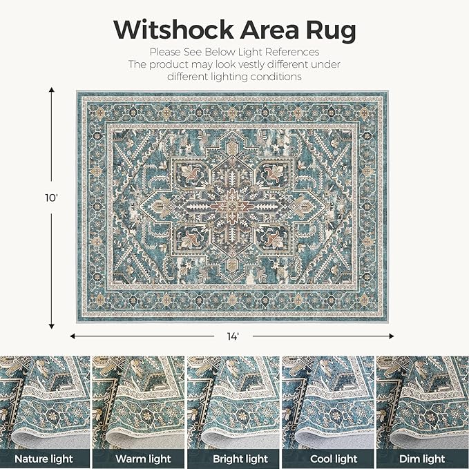 WITSHOCK Teal 10x14 Large Living Room Rugs: Washable Modern Vintage Boho Soft Low Pile Stain Resistant Foldable Carpet for Bedroom Playroom Dining Room Office, Distressed Farmhouse Floral Home Decor