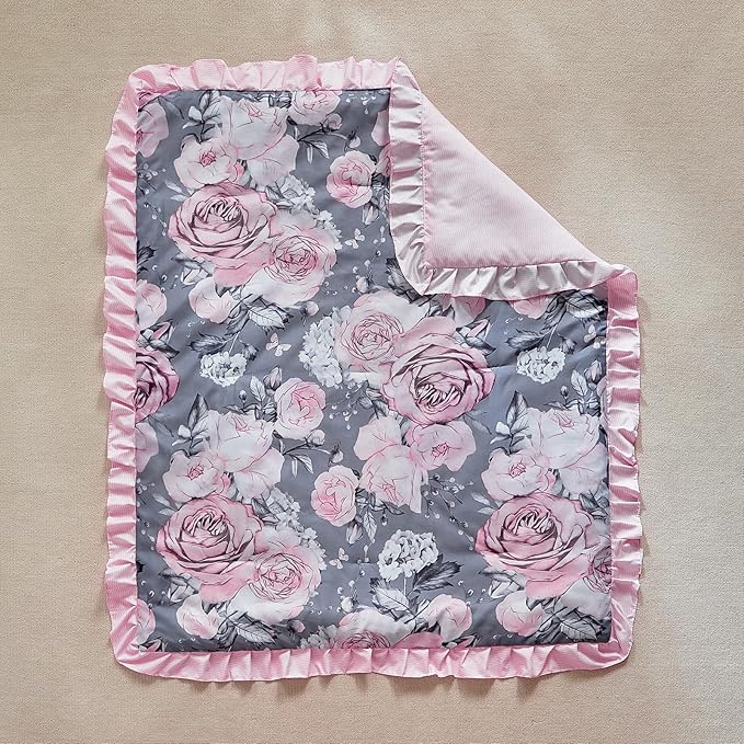 3 Pieces Flowers Crib Bedding Set Baby Ruffled Quilted Comforter with Fitted Sheet and Bed Skirt - Cute Ruffled Shabby Chic Baby Bedding Soft Blanket Gray Pink Rose Floral Design