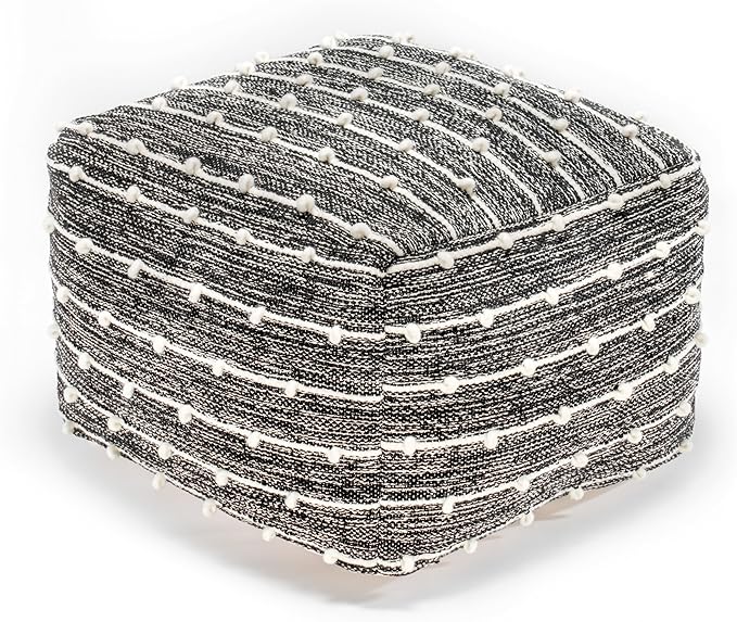 Anji Mountain 100% Handmade & Handcrafted Comfortable Home Décor Pouf Ottoman Footrest for Living Room, Bedroom, Nursery, Kidsroom, Patio Furniture - (22" x 22" x 16"- Black,Ivory)