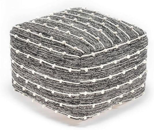 Anji Mountain 100% Handmade & Handcrafted Comfortable Home Décor Pouf Ottoman Footrest for Living Room, Bedroom, Nursery, Kidsroom, Patio Furniture - (22" x 22" x 16"- Black,Ivory)