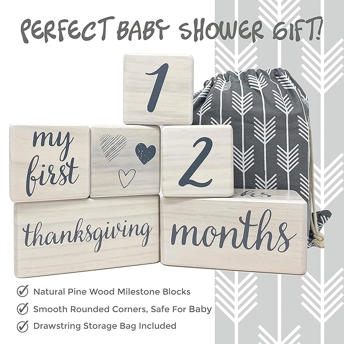Pondering Pine Baby Milestone Blocks - Natural White Stain Pine Wood with Weeks Months Years Grade and Holidays, Newborn Weekly Monthly First Year Picture Props, 6 Block Milestones Age Set with Bag