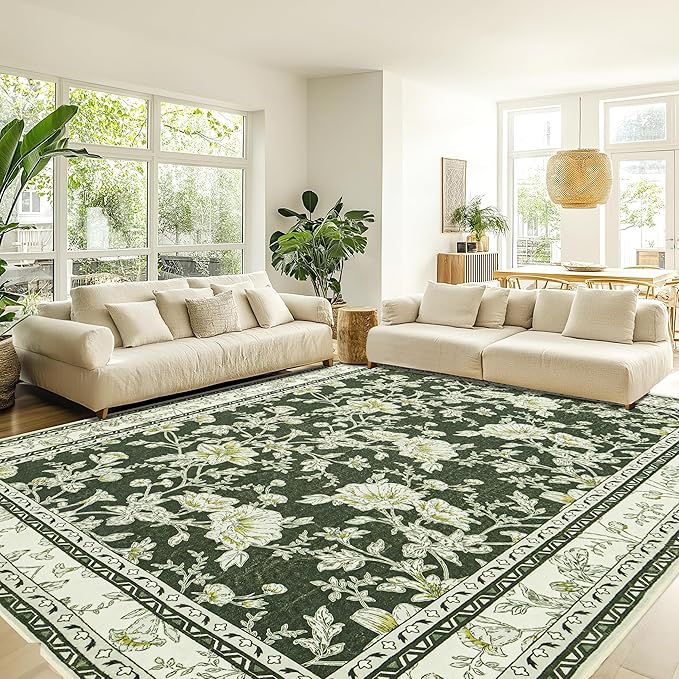Olive Green Floral Print Area Rugs for Bedroom Living Room Boho Farmhouse Country Rustic Dining Room Carpet Soft Washable Rugs Non Slip Floor Covering for Nursery Playroom 10x14