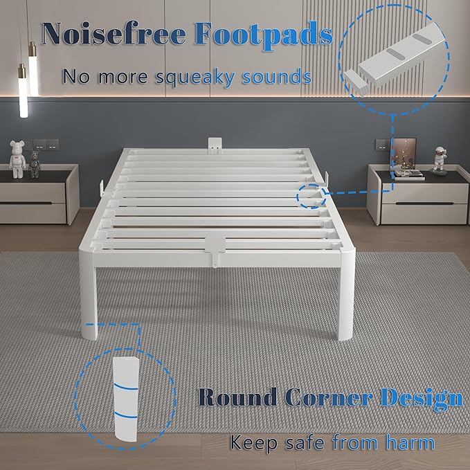14 Inch Twin Bed Frames, White Bed Frame Twin Size with Metal Baffles, No Box Spring Needed, Heavy Duty Steel Platform Supprt, Rounded Corner Design, Reserved Holes, Noise Free, Storage Space