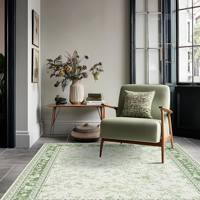 Green 4x6 Small Rug for Living Room Cream Beige and Sage Green Area Rug for Kitchen, Bedside, Dining Room, Laundry, Large Entryway Indoo Non Slip with Rubber Backing, Boho Aethestic Farmhouse D閏or