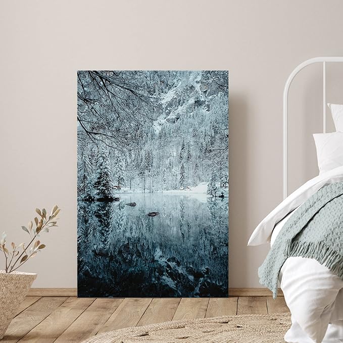 SIGNWIN Canvas Wall Art Woodland Nursery Decor Magical Winter Reflection Lake Nature Forest Photography Realism Rustic Scenic Dramatic Multicolor Cool for Living Room - 16"x24" inches