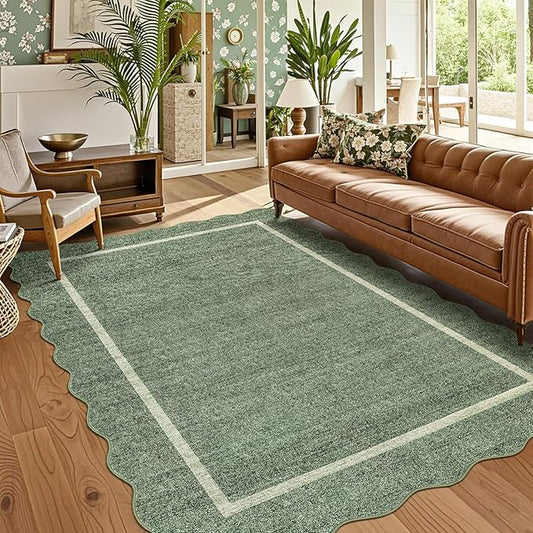 GarveeHome Scalloped 3x5 Area Rug Washable Rug for Entryway, Super Soft Entryway Rug Non-Slip, Printed Faux Wool Floral 3x5 Area Rug Thin Floor Carpet for Kitchen, Bedroom, Office, Living Room, Green