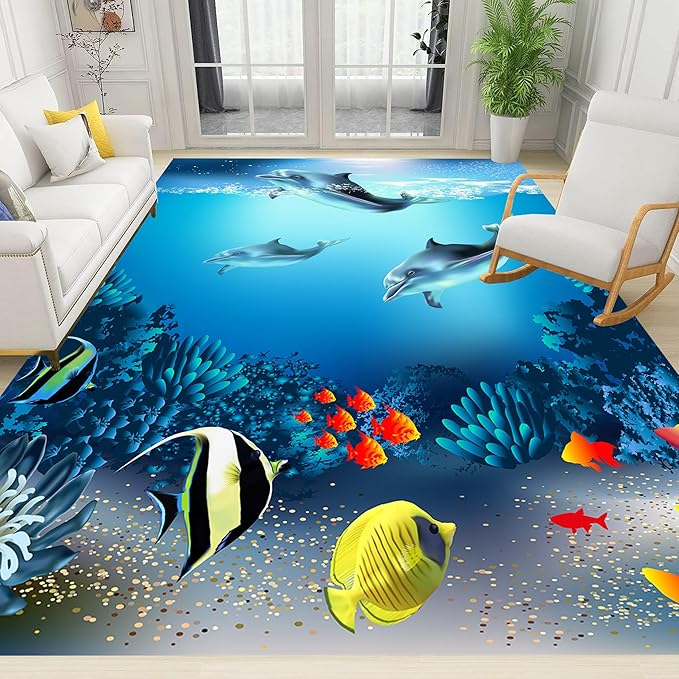 Sea Dolphin Indoor Area Mat, 4x5ft, Ocean Beach Coral Fish Bathroom Rug, Blue Ocean Theme Reduce Noise Home Decor Mat, Nursery Decor Washable Nonskid Carpet for Office Floor Sofa