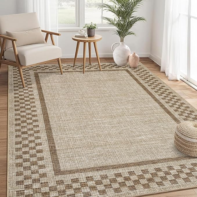 GarveeHome Washable Area Rug 4x6 Small Living Room Rugs Modern Bordered Soft Dining Room Throw Carpet Low Pile Non Slip Checkered Bedroom Rug Geometric Carpet for Nursery Kitchen Home Office, Taupe