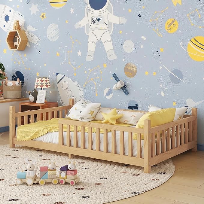 Twin House Bed with Roof & LED Light, Low Profile House Bed with Fence, Safe Guardrails, DIY-Friendly for Boys & Girls, Solid Wood & MDF Construction, No Box Spring Required, Natural