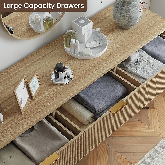 SUNWAVE 9 Drawer Dresser for Bedroom, 59.1" Large Fluted Dresser with Round Corner, Modern Dressers Wood Chest of Drawer for Living Room