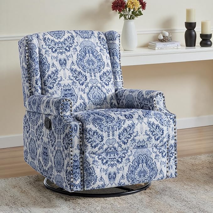 UIXE Swivel Glider Recliner Chair for Adults, High Back Nursery Rocker Floral Upholstered Armchair for Living Room, Manual Reclining Rivet Trim Sofa Lounge with Deep Seat in Fabric - Navy Blue