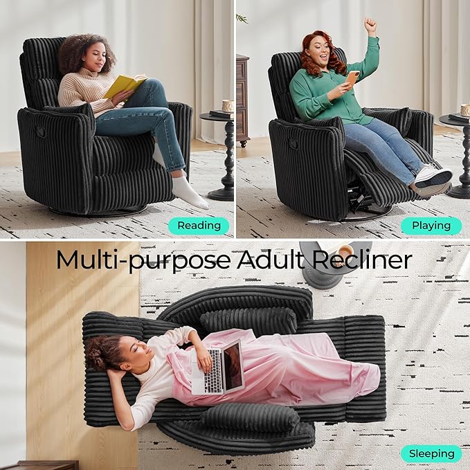 LINSY HOME 360 Swivel Nursery Rocking Chair with 2 Pillows, Corduroy High Back Adult Recliner for Small Spaces, Nursery Glider Rocker Chair, Bedroom Living Room Reclining Chairs (Black)