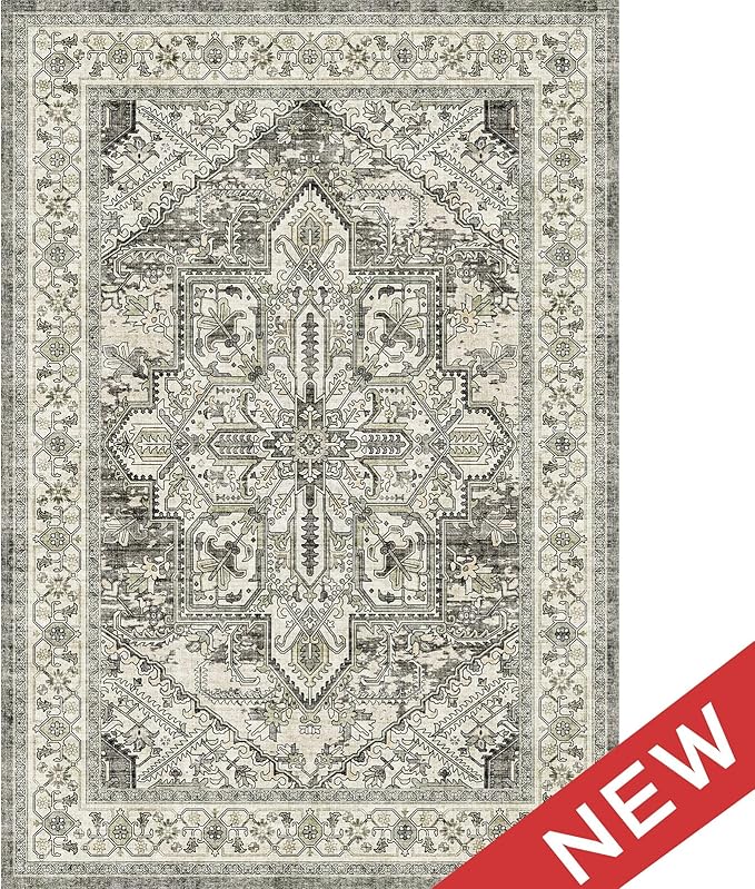 WITSHOCK Living Room Area Rugs 5x7: Washable Rug Boho Soft Non-Slip Low Pile Stain Resistant Foldable Carpet for Bedroom Playroom Dining Room Office Kitchen Farmhouse Home Decor Rug-Brown/Lvory
