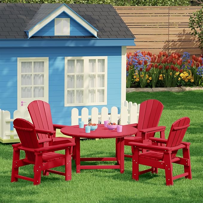 Costaelm Paradise Kids 5-Piece HDPE Outdoor Patio Round Dining Table and Chairs Set, Red