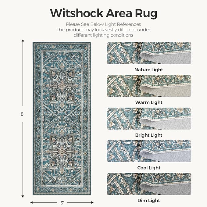 WITSHOCK 3x8 Kitchen Runner Rugs Teal: Washable Rug Boho Soft Low Pile Stain Resistant Foldable Carpet for Bedroom Hallway Entryway Indoor Entrance Bedside, Vintage Distressed Farmhouse Rug, 36″x96″