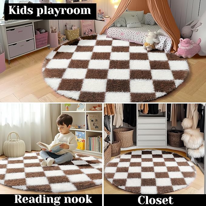 KICMOR Round Rug 4ft Brown and Cream White Circle Area Rug, Fluffy Soft Fuzzy Shag Shaggy Bedroom Living Room Carpet, Indoor Checkered Circular Rugs for Kids Boys Girls Home Decor Aesthetic, Nursery