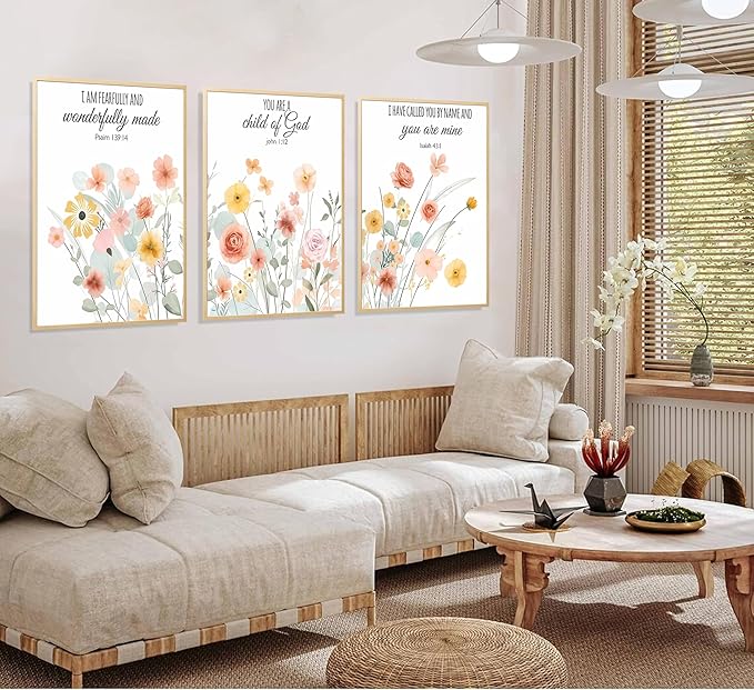 Esejchiam 3pcs Christian Floral Wall Art Wildflowers Bible Verse Canvas Wall Decor Boho Floral Paintings Prints Poster for Living Room Bedroom Home Decorations Unframed
