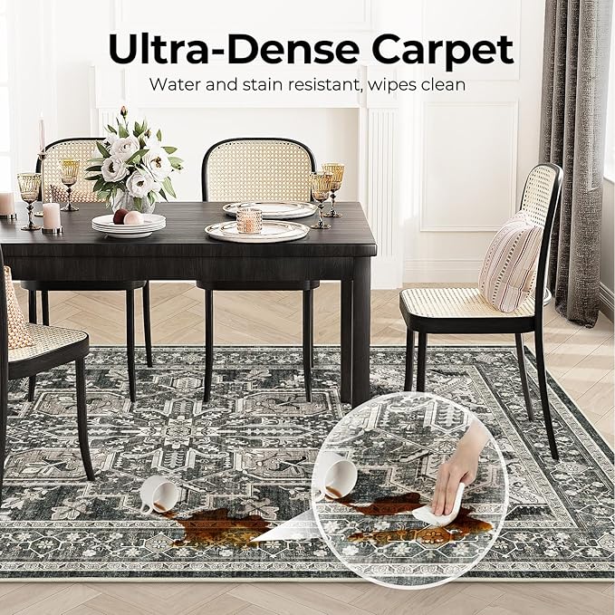 WITSHOCK Living Room Area Rugs 6x9: Washable Rug Boho Soft Non-Slip Low Pile Stain Resistant Foldable Carpet for Bedroom Playroom Dining Room Office Kitchen Farmhouse Home Decor Rug-Bitter Black