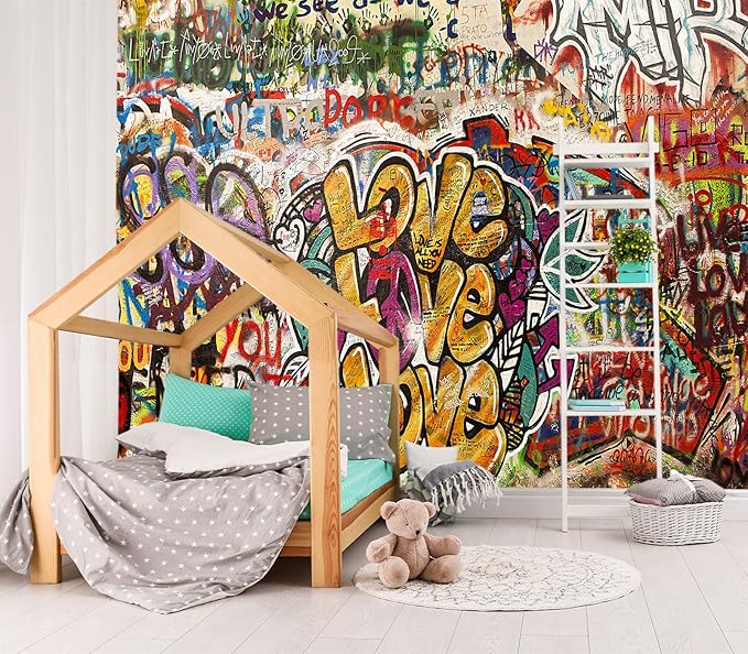 XMPMBM-Graffiti Art backsplash Large Decorative Wallpaper Colorful Alphabet Bedroom Bathroom Wall Mural- W 154" X H 105"（112 Square Foot）