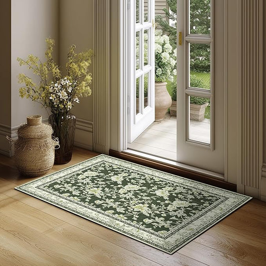 Olive Green Floral Print Area Rugs for Bedroom Living Room Boho Farmhouse Country Rustic Dining Room Carpet Soft Washable Rugs Non Slip Floor Covering for Nursery Playroom 2x3