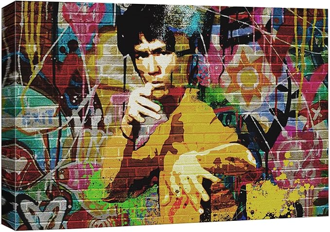 SIGNWIN Canvas Print Wall Art Kung-Fu Martial Artist Graffiti Street Art Portrait Celebrities Hollywood Cultural Pop Art Decorative Urban for Living Room, Bedroom, Office - 32x48 inches