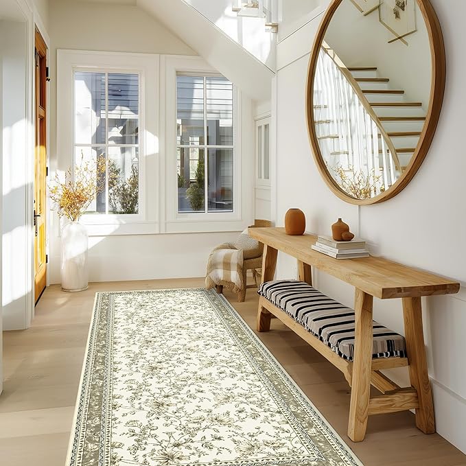 Greyish Beige Runner Rugs 2x6 for Hallway Kitchen Bedroom Beside Laundry Room Bathroom Rug Boho Modern Washable Non Slip Low Pile Stain ResisTaupet Soft Long Carpet Mat Khaki Taupe Floral Pattern