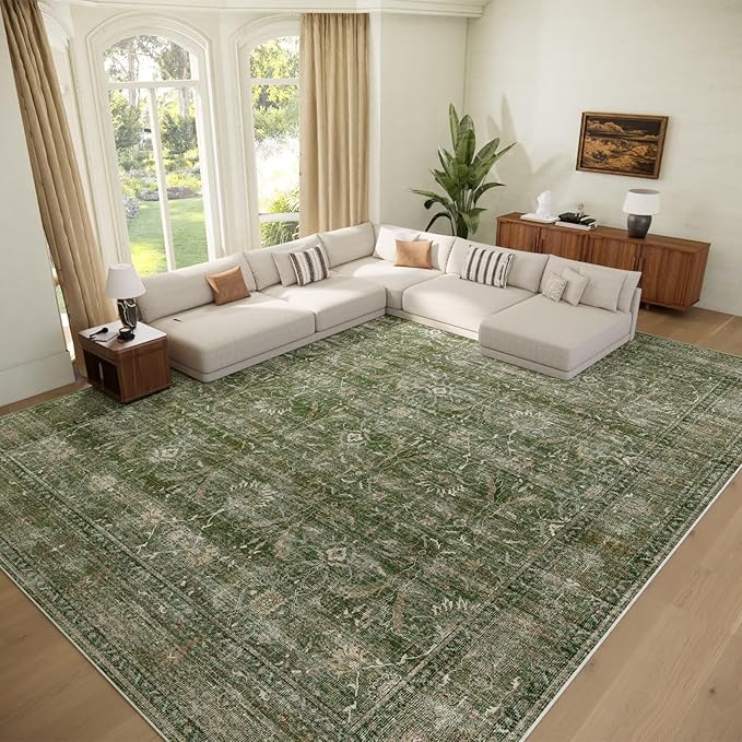 Washable 10x14 Area Rugs for Living Room, Boho Non-Slip Vintage Distress Large Rugs for Bedroom Dining Room Office, 0.3" Neutral Oriental Throw Thin Carpet, Grass Green/Multi
