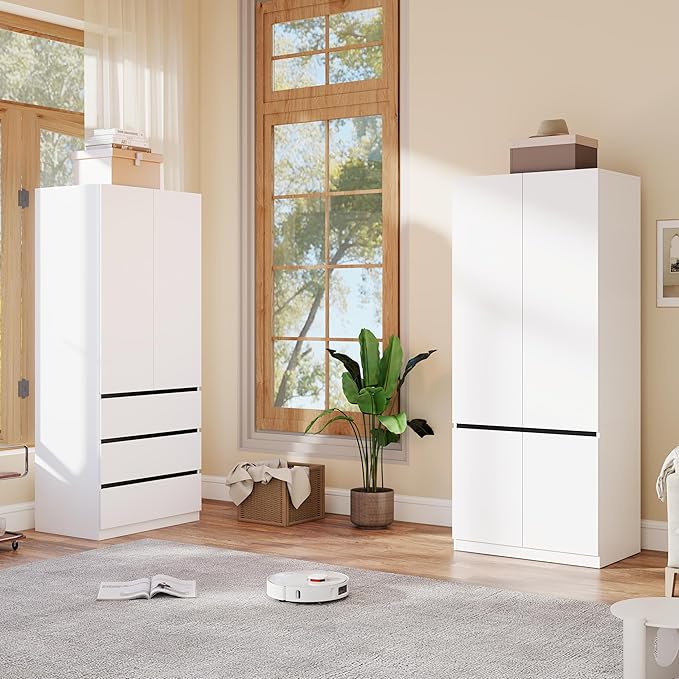 Armoire Wardrobe Closet with Drawers：75" Large White Wardrobe Closet Cabinet with 4 Doors for Hanging Clothes, Modern Wooden Bedroom Armoires with 3 Drawers and Storage (B+C, 63")