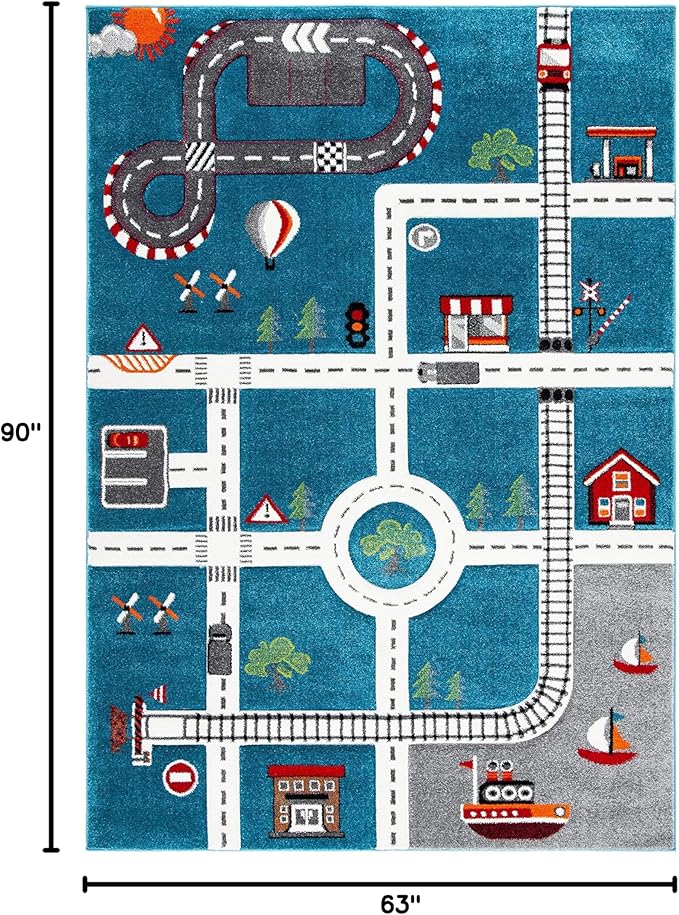 SAFAVIEH Carousel Kids Collection Area Rug - 5'3" x 7'6", Turquoise & Ivory, Non-Shedding & Easy Care, Ideal for High Traffic Areas for Boys & Girls in Playroom, Nursery, Bedroom (CRK192K)