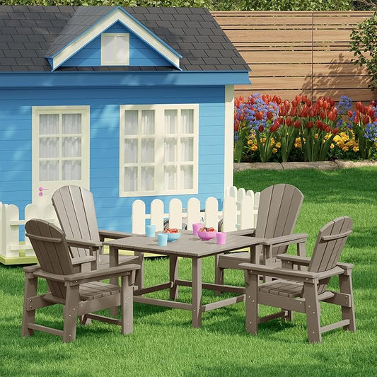 Costaelm Paradise Kids 5-Piece HDPE Outdoor Square Patio Dining Table and Chairs Set, Weathered Wood