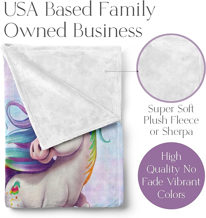 Personalized Baby Unicorn Throw Blanket for Girls with Custom Name, Prancing Pony with Rainbow Mane and Tail, Cute Nursery Room Decor, Soft Plush Toddler Bedding for Babies, (Fleece 60x80)