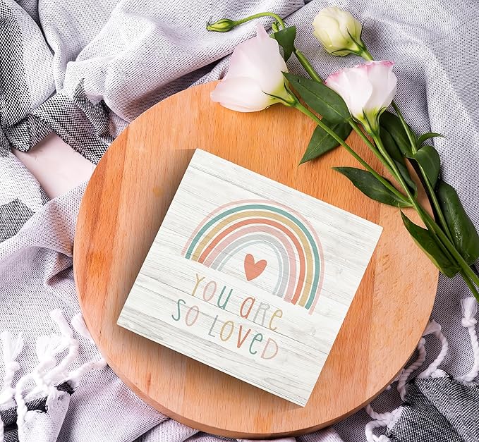 SRADMO You Are So Loved Rainbow Heart Wood Box Sign Desk Decor, Kids Inspirational Quotes Wooden Block Box Sign Decoration For Nursery Playroom Kids Room Shelf Table Decor